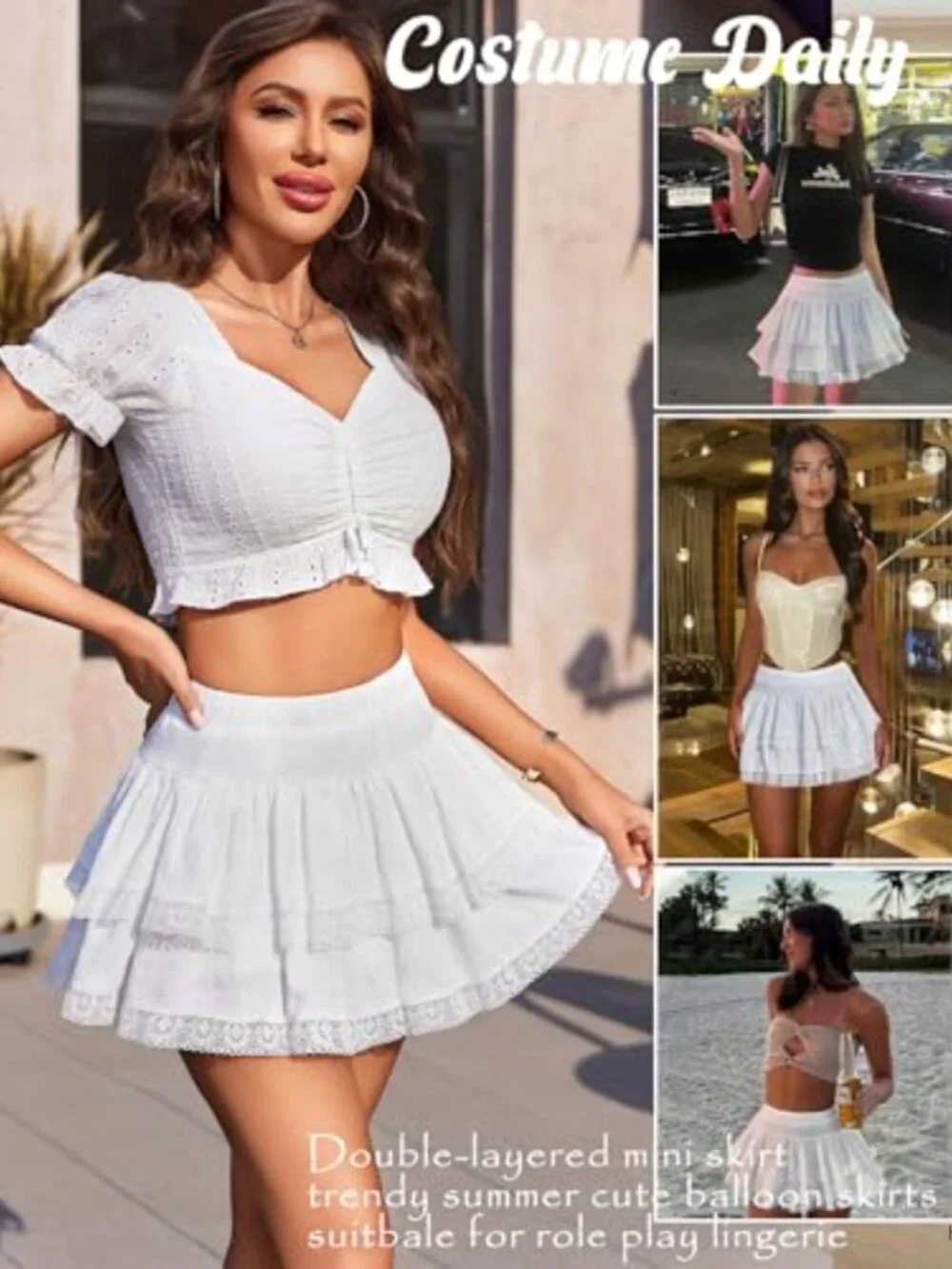 Women's Ruffle Mini Skirt High Waisted A-Line Tiered Lace Hem Polyester